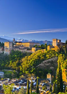 Andalusian Prints: Spain, Andalucia, Granada Province, Granada, Alhambra Palace and Sierra Nevada mountains