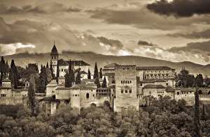 Alhambra Prints: Spain, Andalucia, Granada Province, Granada, Alhambra Palace and Sierra Nevada mountains