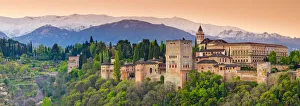 Andalusian Prints: Spain, Andalucia, Granada Province, Granada, Alhambra Palace and Sierra Nevada mountains