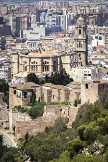 Panoramic View Prints: Spain, Andalusia, Malaga, View of the Alcazaba Palace and of the Cathedral