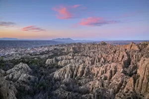 Spain, Andalusia, Purullena, Badlands at sunset