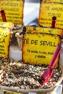 Images Dated 6th August 2014: Spain, Andalusia, Seville. Tea leaves for sale at local market