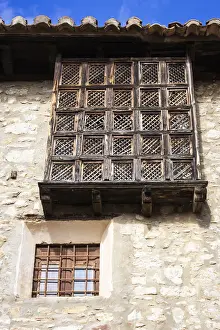 Spain, Aragon, Mirambel, Typical houses with wood decoration in the centre of Mirambel