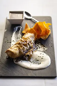 Aragon Prints: Spain, Aragon, Mora de Rubielos, Crunchy roll filled with bull tail