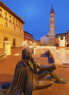 Zaragoza Prints: Spain, Aragon Region, Zaragoza, Seo Cathedral at dusk