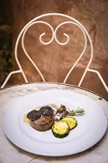 Teruel Prints: Spain, Aragon, Rubielos de Mora, Beef fillet steak with Teruels