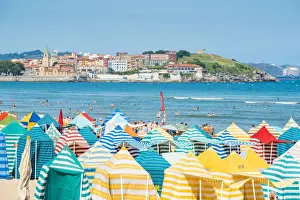 Asturias Prints: Spain, Asturias, Gijon. Typical beach tents on Playa de San Lorenzo