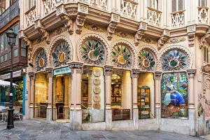 Spain, Balearic Islands, Mallorca, Palma de Mallorca, The modernist facade of the Fornet de la Soca bakery