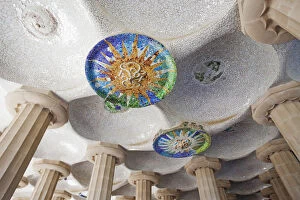 Images Dated 16th June 2011: Spain, Barcelona, Guell Park, Ceiling Detail in the Hall of Columns
