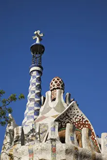 Gaudi Prints: Spain, Barcelona, Guell Park, Entrance Gatehouse Roof Detail