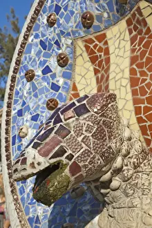 Gaudi Prints: Spain, Barcelona, Guell Park, Mosaic Dogs Head Fountain