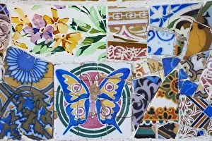 Spain, Barcelona, Guell Park, Mosaic detail of the Terrace Seats