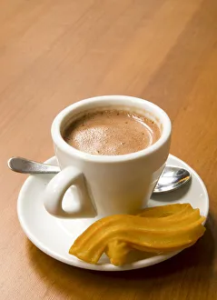 Images Dated 6th October 2008: Spain, Barcelona, La Rambla, La Boqueria Market, Chocolate con Churros breakfast