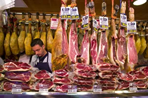 Images Dated 6th October 2008: Spain, Barcelona, La Rambla, La Boqueria Market, Ham for sale