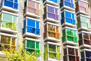 Northern Spain Prints: Spain, Basque Country, Bilbao. Colored windows of the Hotel Hesperia