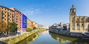 River Bank Prints: Spain, Basque Country, Bilbao. Nervion river and the Mercado de la Ribera market