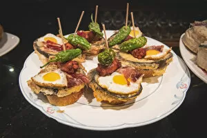 Images Dated 17th September 2018: Spain, Basque Country, San Sebastian (Donostia). Traditional Pinchos (Pintxos) snacks