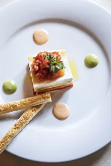 Spain, Canary Islands, Fuerteventura, Betancuria, A plate of fresh goat cheese lasagna with vegetables