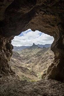 Images Dated 16th May 2022: Spain, Canary Islands, Gran Canaria, Artenara, View to Bentaya sacred mountain from a cavern of