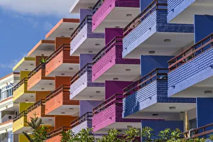 Spain, Canary Islands, Gran Canaria Island, Playa del Ingles, colorful balconies