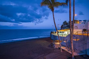 Images Dated 25th September 2019: Spain, Canary Islands, La Palma Island, Puerto Naos, beach cafe, dawn