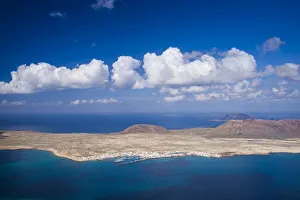 Spain, Canary Islands, Lanzarote, Ye, elevated view over Isla Graciosa island