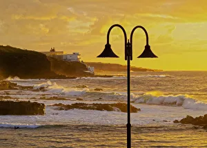 Street Lamp Prints: Spain, Canary Islands, Tenerife, Bajamar, Coastline during the sunset