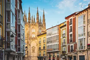 Saint Mary Prints: Spain, Castile and Leon, Burgos. Old town houses and the gothic Cathedral of Saint