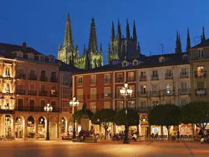 Spain, Castile and Leon, Burgos, Plaza Mayor square and Saint Mary of Burgos cathedral