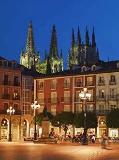 Catholicism Prints: Spain, Castile and Leon, Burgos, Plaza Mayor square and Saint Mary of Burgos cathedral