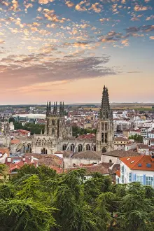 Spain, Castile and Leon, Burgos. Skyline and the gothic Cathedral of Saint Mary of Burgos