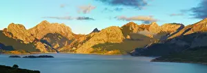 Leon Province Prints: Spain, Castile and Leon, Riano, Embalse de Riano (Dam) beneath Picos de Europa at dawn