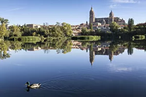 Spain, Castile and Leon, Salamanca, View of the Cathedral from the Tormes river jetty