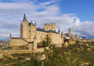 Spain, Castile and Leon, Segovia. The Alcazar and cathedral at sunset