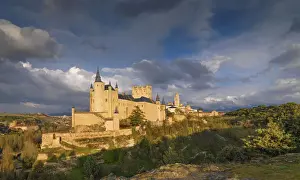 Central Spain Prints: Spain, Castile and Leon, Segovia. The Alcazar and cathedral at sunset