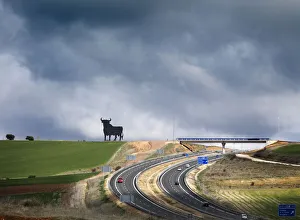 Motorway Prints: Spain, Castile and Leon, Segovia, Bull silhouette, classic symbol on the roads of Spain