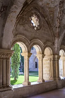Spain, Castile and Leon, Valladolid, Valbuena de Duero, View of the cloister from a hallway