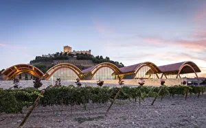Spain, Castile and Leon, Valladolid, Penafiel, The Protos winery with the Penafiel Castle on the background