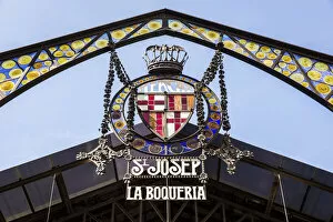 Images Dated 28th February 2022: Spain, Catalonia, Barcelona, La Boqueria, Coat of arms at the entrance of the Boqueria market