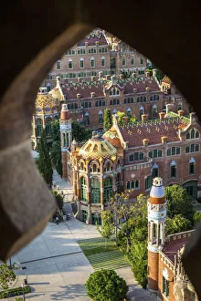 Spain, Catalonia, Barcelona, Sant Pau Hospital, Modernist buildings from the clock tower