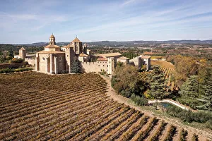 Images Dated 8th March 2023: Spain, Catalonia, Tarragona, Poblet, Elevated view of the historical complex