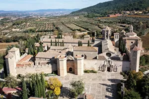 Images Dated 8th March 2023: Spain, Catalonia, Tarragona, Poblet, Elevated view of the historical complex