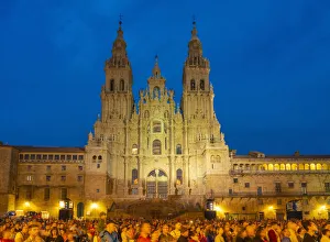 Spain, Galicia, Santiago de Compostela, cathedral illuminated at night