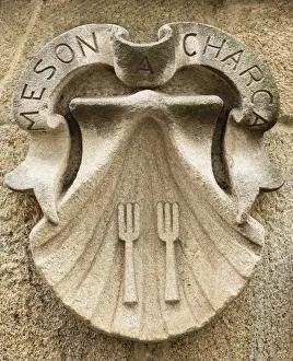 Images Dated 19th July 2018: Spain, Galicia, Santiago de Compostela, resaurant sign with Spain, Galicia, Santiago