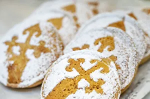 Images Dated 18th July 2018: Spain, Galicia, Santiago de Compostela, camino symbol on cookies