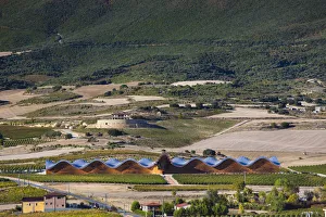 Spain, La Rioja Area, Alava Province, Laguardia, elevated view of the Bodegas Ysios