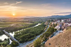 Rioja Prints: Spain, La Rioja, San Vicente de la Sonsierra and the Ebro river at sunset