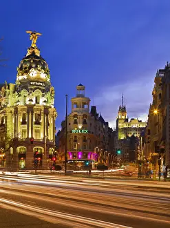 Shaun Egan Prints: Spain, Madrid, Plaza de Cibeles, Calle de Alcala illuminated at night