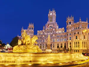 Fountain Prints: Spain, Madrid. Plaza de Cibeles and town hall at night