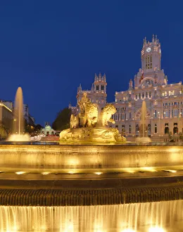 Spain, Madrid. Plaza de Cibeles and town hall at night
